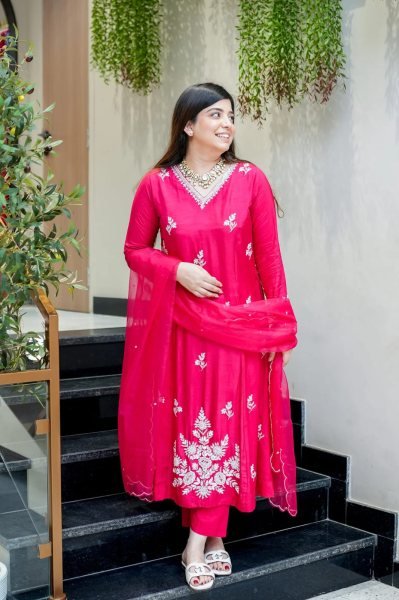 Captivating Rani Pink Embroidered Muslin Salwar Suit with Dupatta  Anarkali Kurtis 