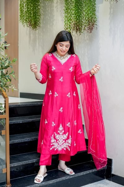 Captivating Rani Pink Embroidered Muslin Salwar Suit with Dupatta  Anarkali Kurtis 