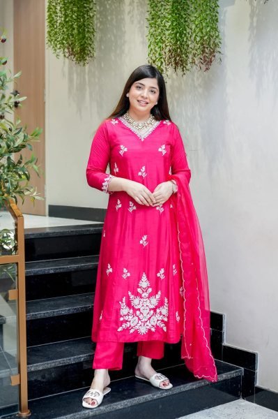 Captivating Rani Pink Embroidered Muslin Salwar Suit with Dupatta  Anarkali Kurtis 