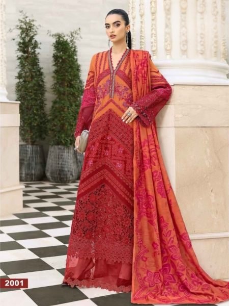 Captivating Red Cotton Chikankari Embroidered Suit with Maslin Digital Print Dupatta 