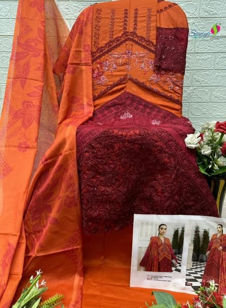 Captivating Red Cotton Chikankari Embroidered Suit with Maslin Digital Print Dupatta Pakistani Suits Wholesale