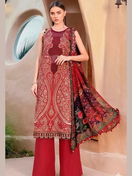Captivating Red Cotton Dress Material with Embroidery Patches and Dupatta Salwar Kameez