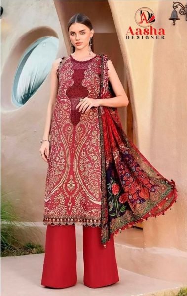 Captivating Red Cotton Dress Material with Embroidery Patches and Dupatta Pakistani Suits Wholesale