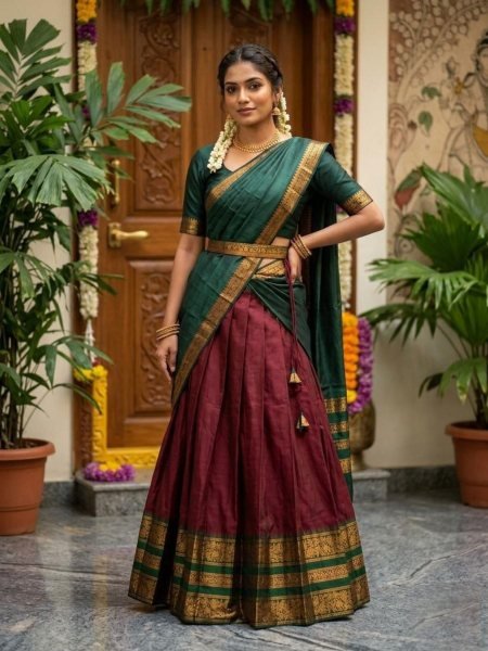 Captivating Red Cotton Silk Lehenga Dhavani Set with Traditional Zari Work 