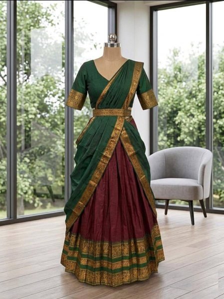 Captivating Red Cotton Silk Lehenga Dhavani Set with Traditional Zari Work Half Saree Lehenga
