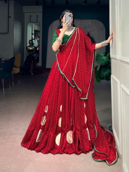 Captivating Red Designer Satin Chiffon Bandhej Lehenga Choli with Dola Silk Hotfix Blouse  Lehenga