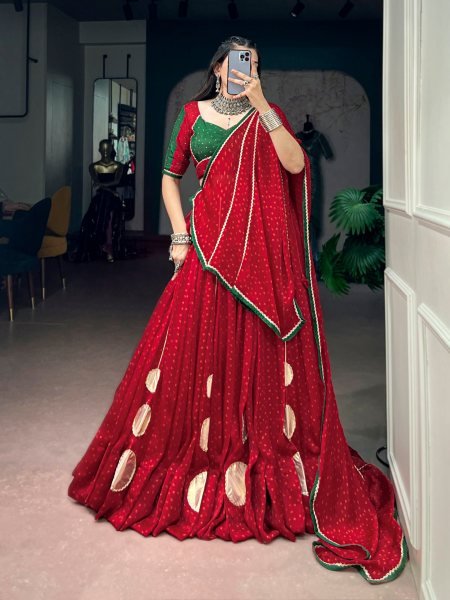 Captivating Red Designer Satin Chiffon Bandhej Lehenga Choli with Dola Silk Hotfix Blouse Navratri Lehnega Choli