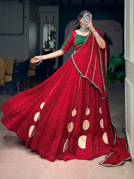 Captivating Red Designer Satin Chiffon Bandhej Lehenga Choli with Dola Silk Hotfix Blouse Navratri Lehnega Choli