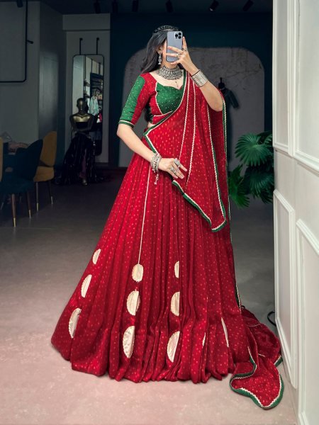Captivating Red Designer Satin Chiffon Bandhej Lehenga Choli with Dola Silk Hotfix Blouse Navratri Lehnega Choli