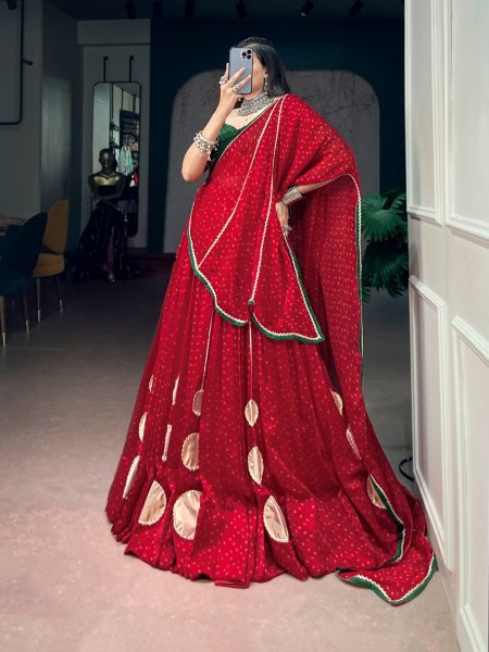 Captivating Red Designer Satin Chiffon Bandhej Lehenga Choli with Dola Silk Hotfix Blouse Navratri Lehnega Choli