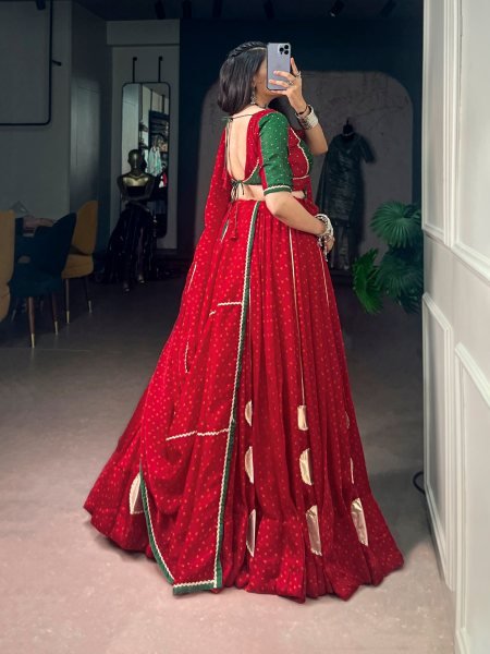 Captivating Red Designer Satin Chiffon Bandhej Lehenga Choli with Dola Silk Hotfix Blouse Navratri Lehnega Choli