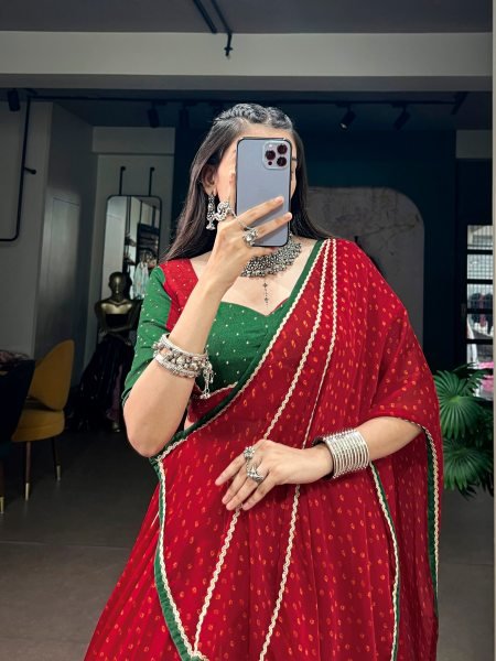 Captivating Red Designer Satin Chiffon Bandhej Lehenga Choli with Dola Silk Hotfix Blouse Navratri Lehnega Choli