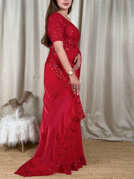 Captivating Red Fandy Satin Saree with Heavy Beads   Sequin Work and Cutwork Border For Wedding Designer Wedding Sarees Wholesale