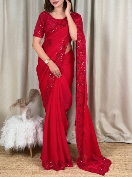 Captivating Red Fandy Satin Saree with Heavy Beads   Sequin Work and Cutwork Border For Wedding Designer Wedding Sarees Wholesale