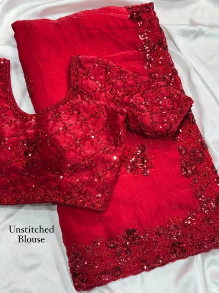 Captivating Red Fandy Satin Saree with Heavy Beads   Sequin Work and Cutwork Border For Wedding Designer Wedding Sarees Wholesale