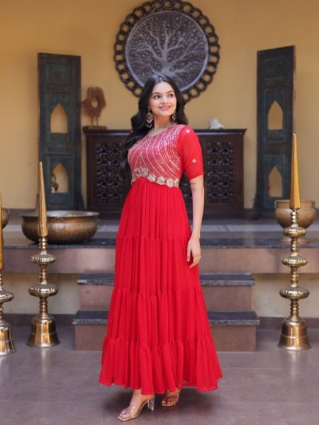 Captivating Red Faux Blooming Gown with Zari Sequins Embroidery for Festive Wear Kurtis