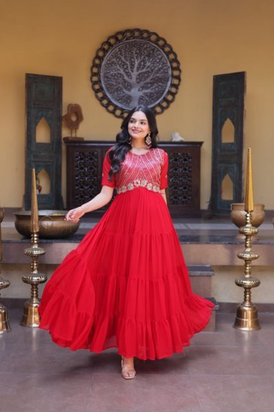 Captivating Red Faux Blooming Gown with Zari Sequins Embroidery for Festive Wear Anarkali Kurtis 