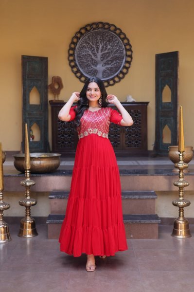 Captivating Red Faux Blooming Gown with Zari Sequins Embroidery for Festive Wear Anarkali Kurtis 