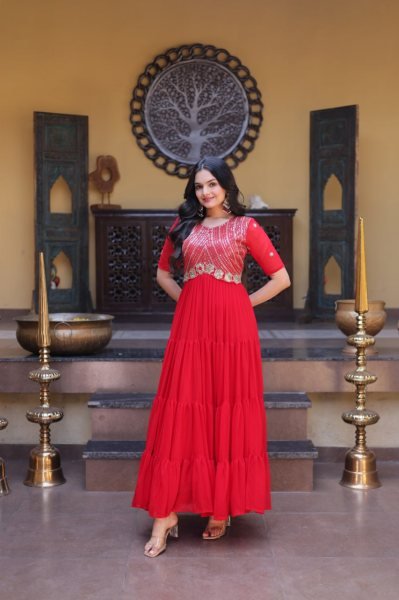 Captivating Red Faux Blooming Gown with Zari Sequins Embroidery for Festive Wear Anarkali Kurtis 