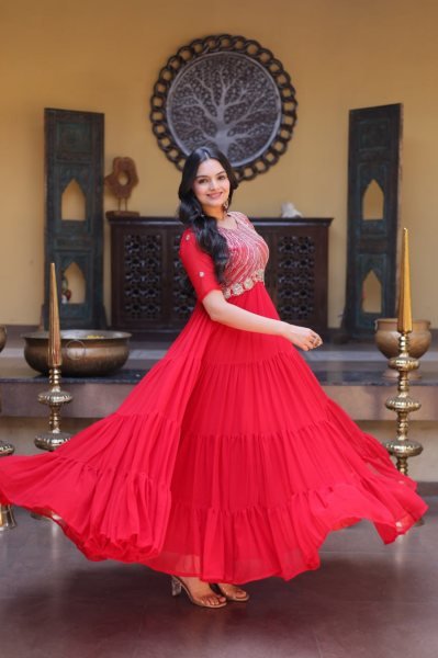 Captivating Red Faux Blooming Gown with Zari Sequins Embroidery for Festive Wear Anarkali Kurtis 