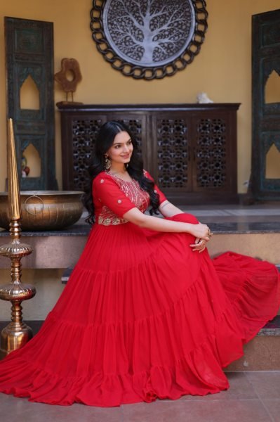 Captivating Red Faux Blooming Gown with Zari Sequins Embroidery for Festive Wear Anarkali Kurtis 