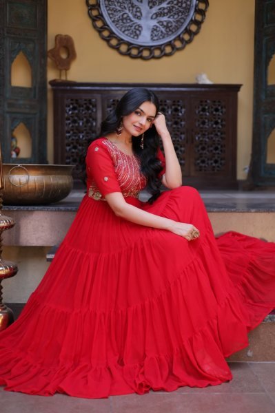 Captivating Red Faux Blooming Gown with Zari Sequins Embroidery for Festive Wear Anarkali Kurtis 