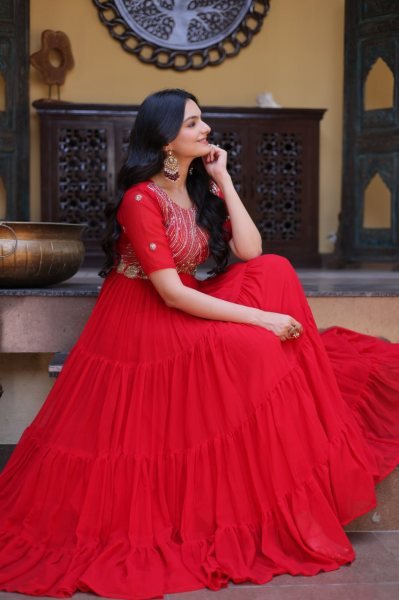 Captivating Red Faux Blooming Gown with Zari Sequins Embroidery for Festive Wear Anarkali Kurtis 