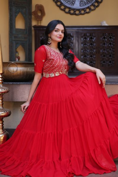 Captivating Red Faux Blooming Gown with Zari Sequins Embroidery for Festive Wear Anarkali Kurtis 