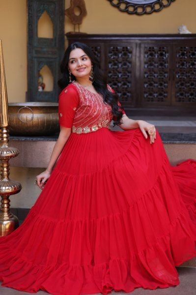 Captivating Red Faux Blooming Gown with Zari Sequins Embroidery for Festive Wear Anarkali Kurtis 