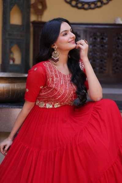 Captivating Red Faux Blooming Gown with Zari Sequins Embroidery for Festive Wear Anarkali Kurtis 