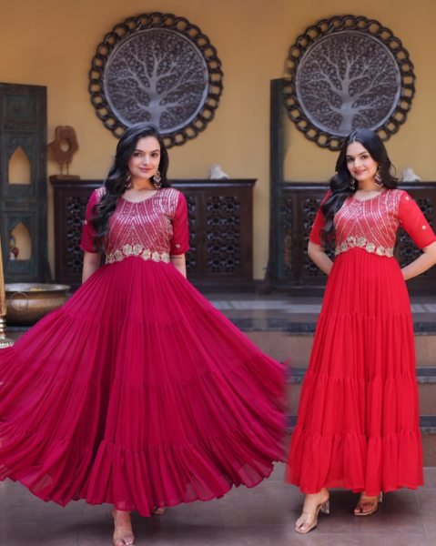 Captivating Red Faux Blooming Gown with Zari Sequins Embroidery for Festive Wear Anarkali Kurtis 