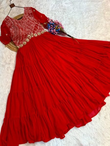 Captivating Red Faux Blooming Gown with Zari Sequins Embroidery for Festive Wear Anarkali Kurtis 