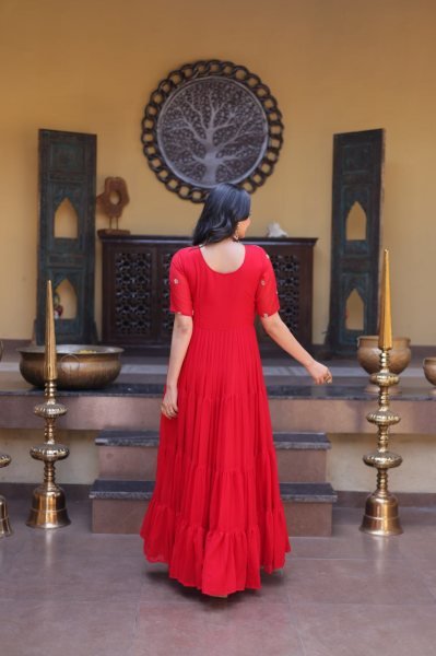 Captivating Red Faux Blooming Gown with Zari Sequins Embroidery for Festive Wear Anarkali Kurtis 