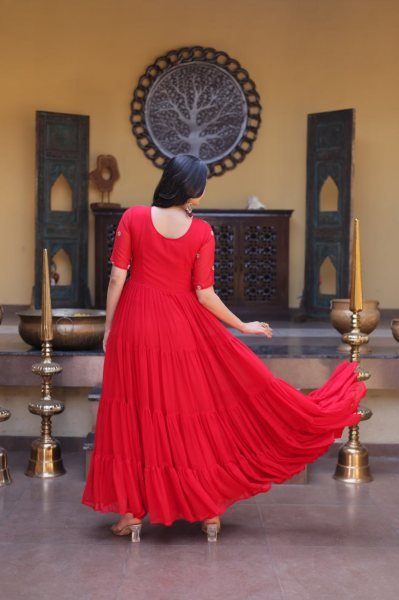 Captivating Red Faux Blooming Gown with Zari Sequins Embroidery for Festive Wear Anarkali Kurtis 