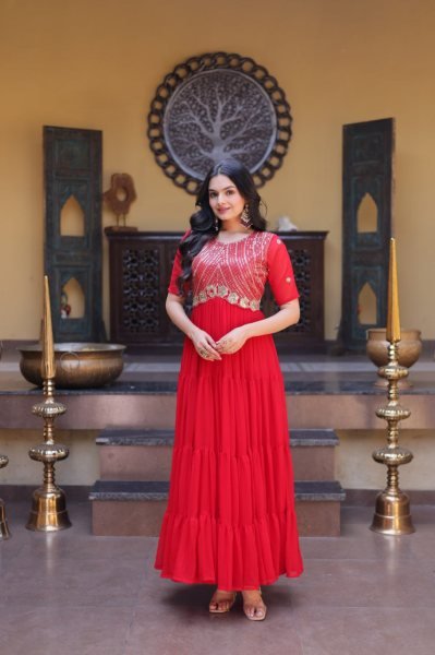 Captivating Red Faux Blooming Gown with Zari Sequins Embroidery for Festive Wear Anarkali Kurtis 