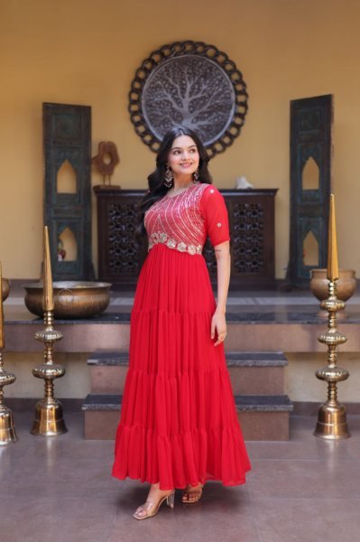 Captivating Red Faux Blooming Gown with Zari Sequins Embroidery for Festive Wear Anarkali Kurtis 