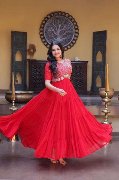Captivating Red Faux Blooming Gown with Zari Sequins Embroidery for Festive Wear Anarkali Kurtis 