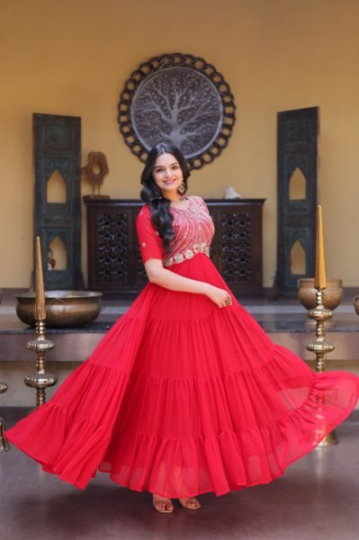 Captivating Red Faux Blooming Gown with Zari Sequins Embroidery for Festive Wear Anarkali Kurtis 