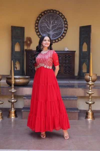 Captivating Red Faux Blooming Gown with Zari Sequins Embroidery for Festive Wear Anarkali Kurtis 