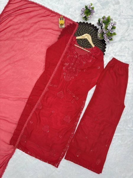 Captivating Red Fox Blooming Georgette Suit with Sequence Embroidery and Designer Dupatta Ready To Wear Collection