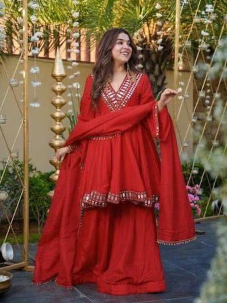 Captivating Red Fully Stithed  Silk Sharara  Suit for Night Party Wear Ready To Wear Suit