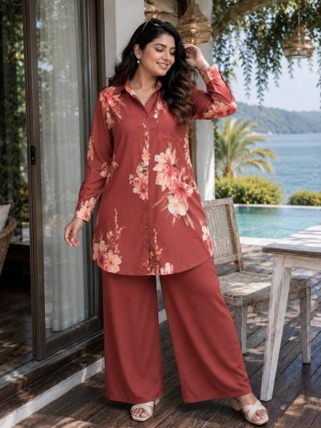 Captivating Rust Butter Silk Shirt Palazzo Co Ord Set for Women Kurtis