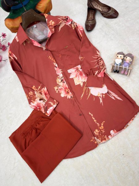 Captivating Rust Butter Silk Shirt Palazzo Co Ord Set for Women CO ORD Sets
