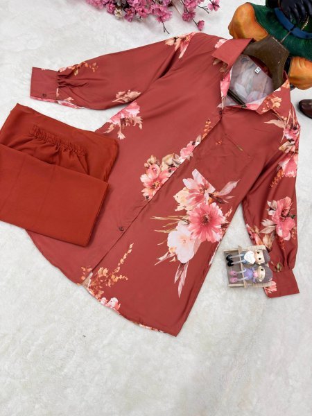 Captivating Rust Butter Silk Shirt Palazzo Co Ord Set for Women CO ORD Sets