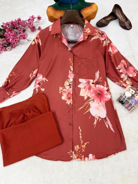 Captivating Rust Butter Silk Shirt Palazzo Co Ord Set for Women CO ORD Sets