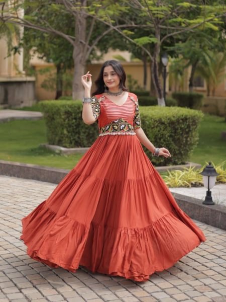 Captivating Rust Marina Silk Embroidered Kurti with Matching Pant and Maslin Dupatta Kurtis