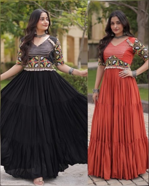 Captivating Rust Marina Silk Embroidered Kurti with Matching Pant and Maslin Dupatta Anarkali Kurtis 