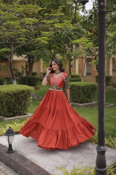 Captivating Rust Marina Silk Embroidered Kurti with Matching Pant and Maslin Dupatta Anarkali Kurtis 