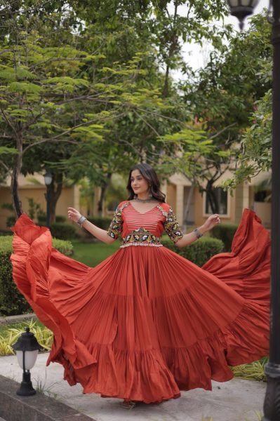 Captivating Rust Marina Silk Embroidered Kurti with Matching Pant and Maslin Dupatta Anarkali Kurtis 