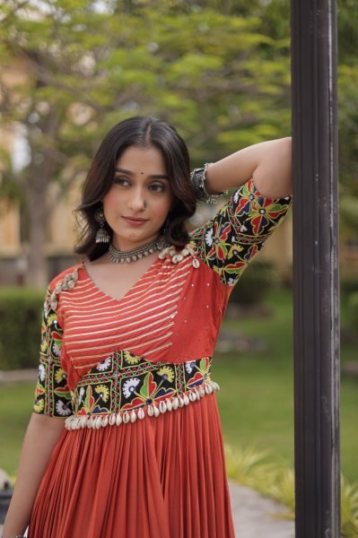 Captivating Rust Marina Silk Embroidered Kurti with Matching Pant and Maslin Dupatta Anarkali Kurtis 
